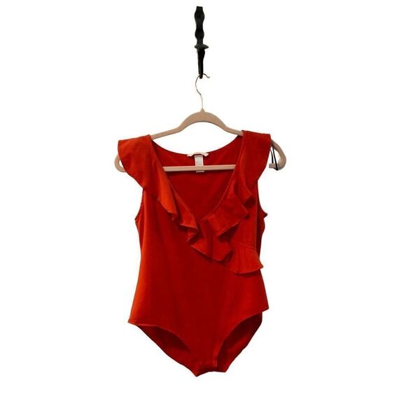 H&M L Ruffled Stretchy Halter V Neck Ruffled Orange Bodysuit - Picture 9 of 10